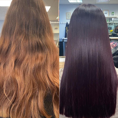Ladies hair straightened style, before and after, Creations Salon
